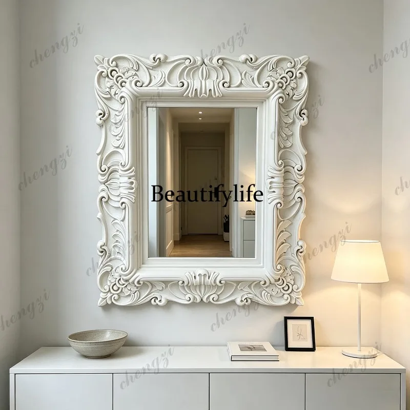 French retro style carved rectangular frame decorative mirror cosmetic mirror white wall hanging cosmetic mirror