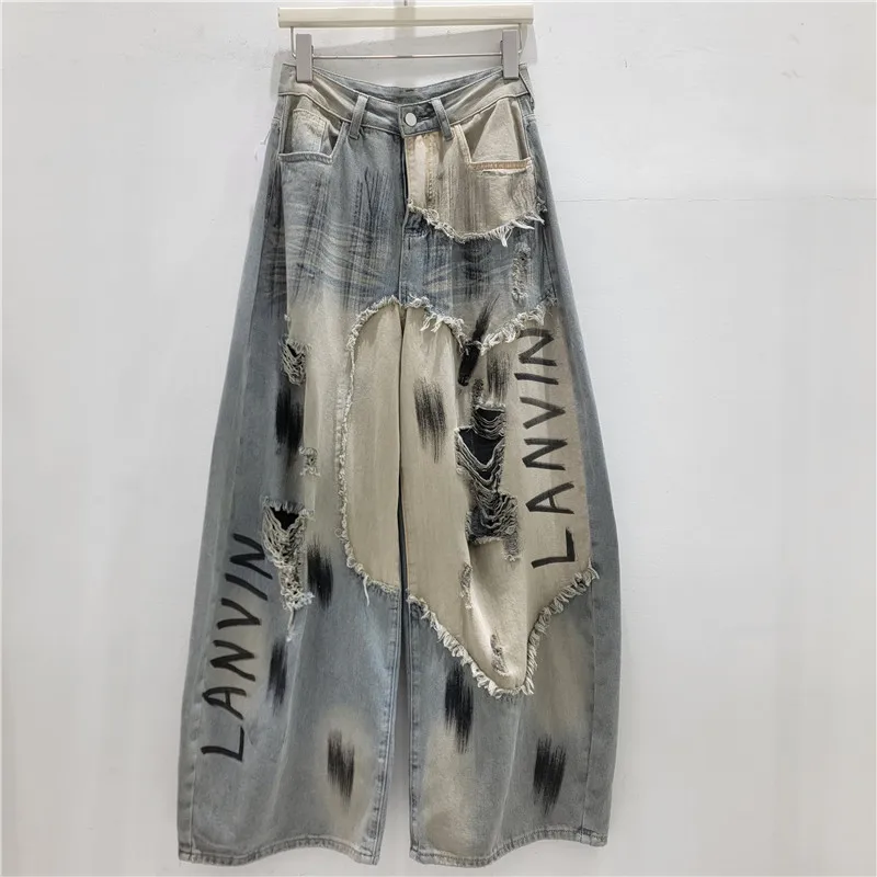 WTHT Fashion Summer 2026 Women Letter Patchwork Irregular Frayed Hole Denim Pants Vintage Gradient Loose Jeans Female 1LS3107