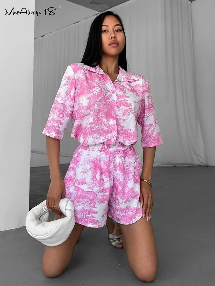 Mnealways18 Blue Printing Shorts Suits Two Pieces Womens Summer 2024 Turn Down Collar Shirts And Wide Legs Shorts Casual Outfits