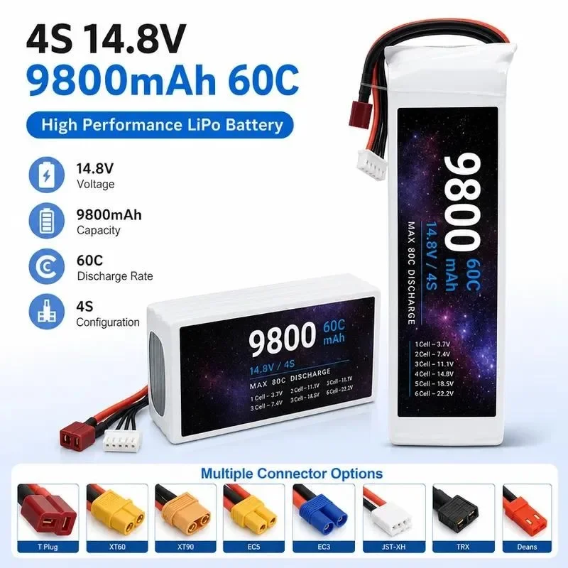 [NEW]  for Drone Model Aircraft 9800mAh 4S 14.8V 60C High Rate Lithium Battery for RC Car Ship Electric Model Toy