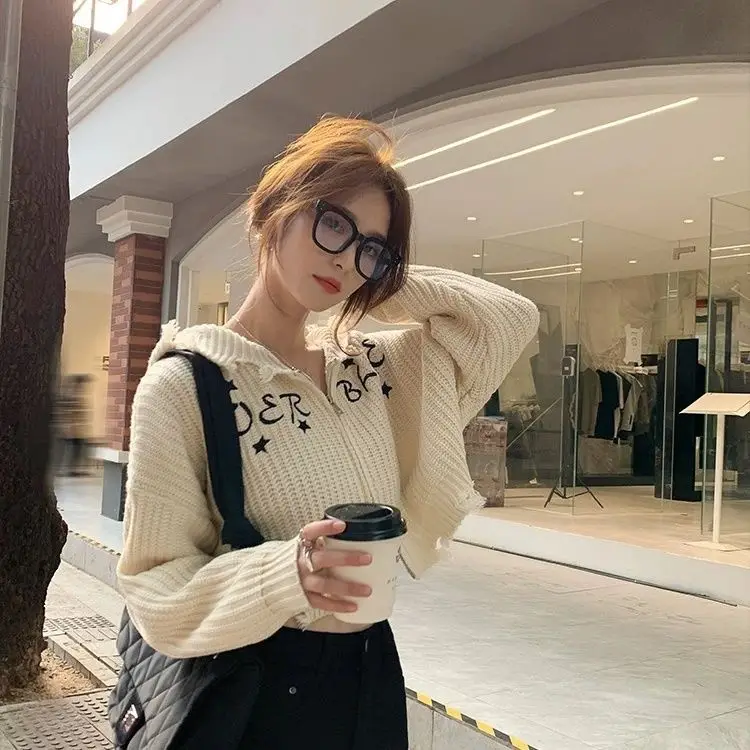 

Letter Short Knit Cardigan Niche Female Apricot Color Female Autumn 2024 New Loose Korean Version Of Lazy Wind Sweater