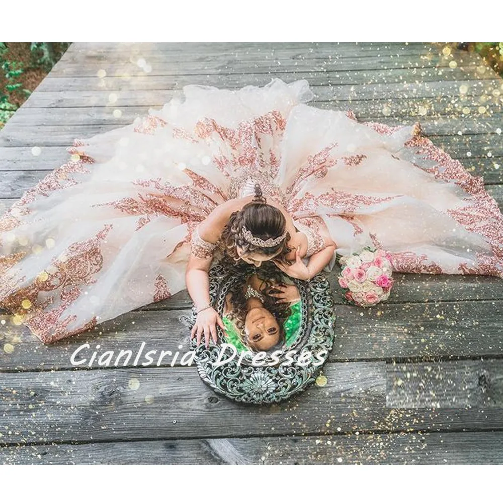 Vestido De quinceañera De oro rosa, 15 años, apliques, cuentas, dulce 16, baile De graduación, fiesta De cumpleaños