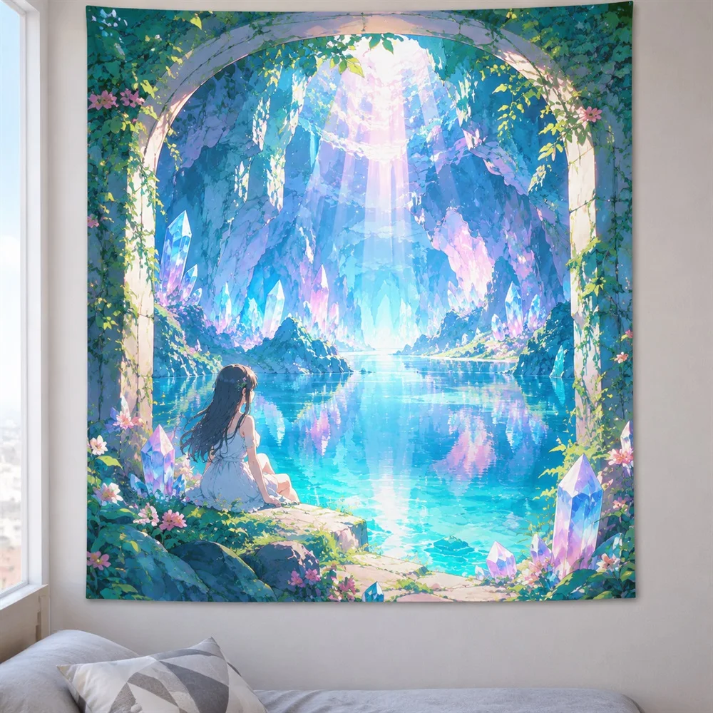 VIKAMA Crystal Cave Anime Tapestry Wall Hanging, Aesthetic Fantasy Anime Room Decor Tapestries for Bedroom Living Room Bathroom