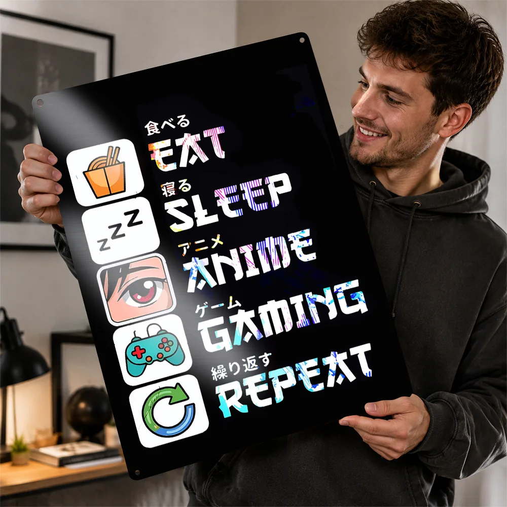 Eat Sleep Anime Gaming Repeat Textured Metal Poster Typography Wall Art For Bedroom Personalized Aluminum Sign Collector Gift