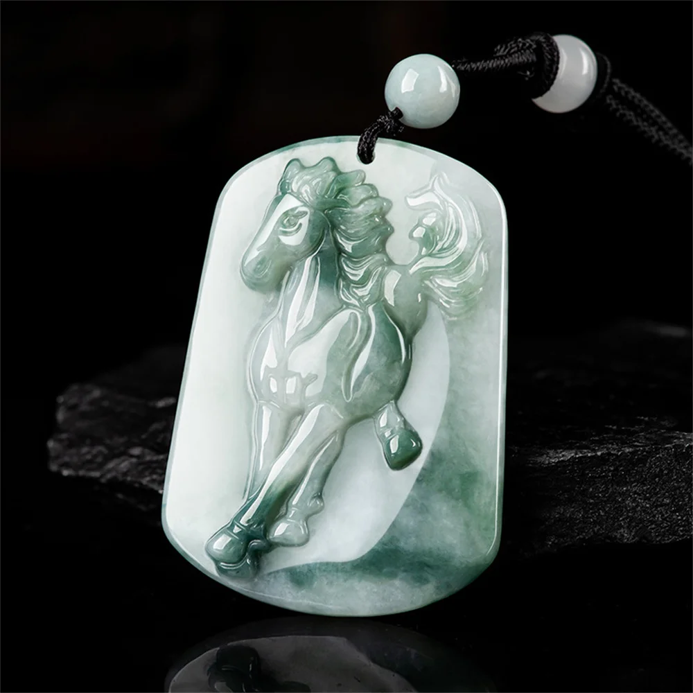 Vintage Natural Ice Grade A Jadeite Carved Running Horse Lucky Pendant Amulet Necklace Certificate Trendy Male's Gift Jewelry