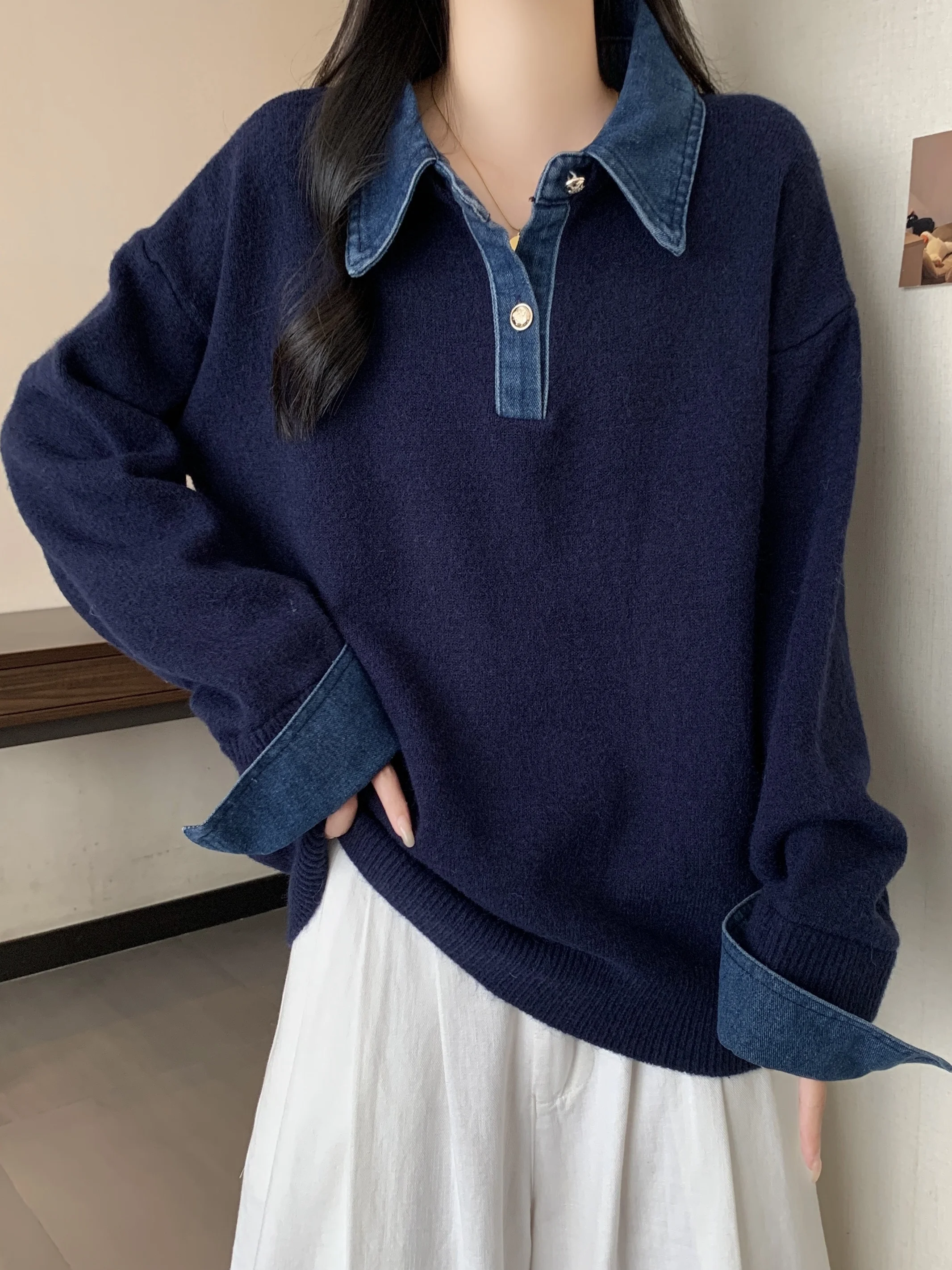 เสื้อสเวตเตอร์ผู้หญิง ดีไซน์ทันสมัย ทรงหลวม ไซส์ใหญ่ สำหรับฤดูใบไม้ร่วงและฤดูหนาว  คอเสื้อเดนิม  ช่วยให้ดูผอมเพรียว