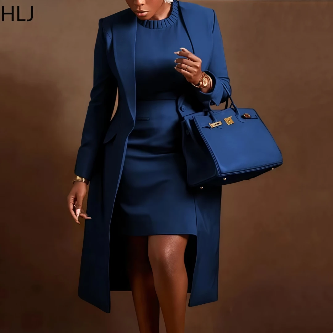 HLJ High Quality Elegant Office Lady Blazer Two Piece Sets Women Lapel Long Sleeve Coat And Slim Dress Outfit Female Clothing