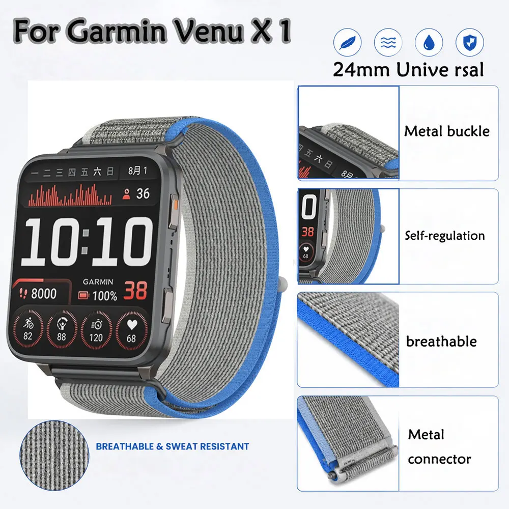 Nylon Outdoor Sports Band for Garmin Venu X1 24mm Watch Strap Metal Ring Sport Breathable Durable Strap for Garmin Venu X1 Watch