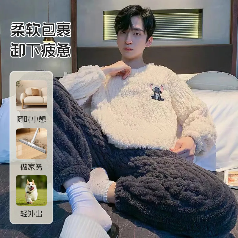Fashion Deisgn Men Flannel Pajamas Suit Autumn Winter Thick Warm Round Neck Pullover Homewear Soft Coral Fleece Loungewear Male