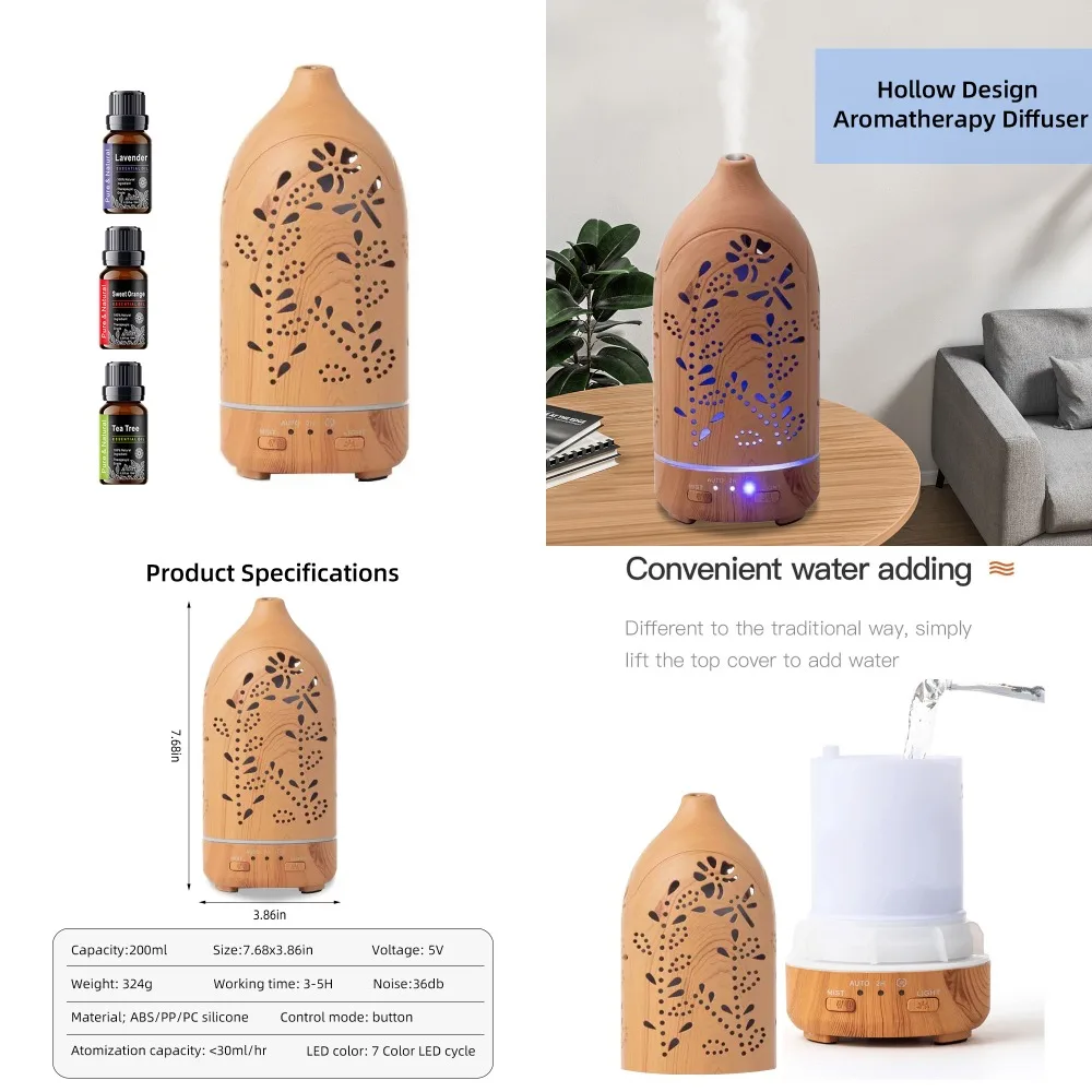 Penyebar Aromaterapi LED 7 Warna Desain Berongga Lavender, Sangat Tenang, Mati Otomatis untuk Pengharum Penyegar Ruangan Rumah & Kantor