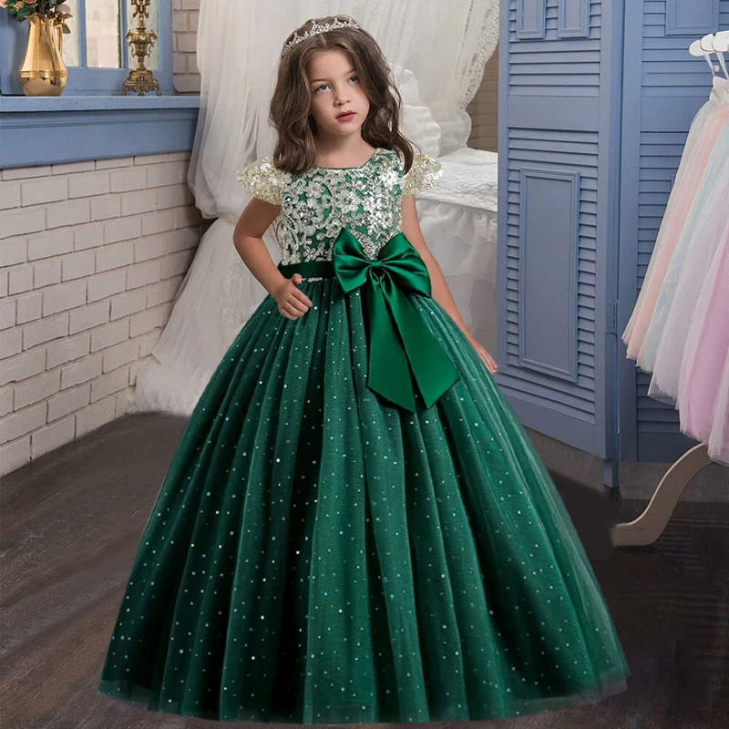 New Girls dress sequin mesh children's party dress summer girl wedding dress Western style dress big bow catwalk model 2023