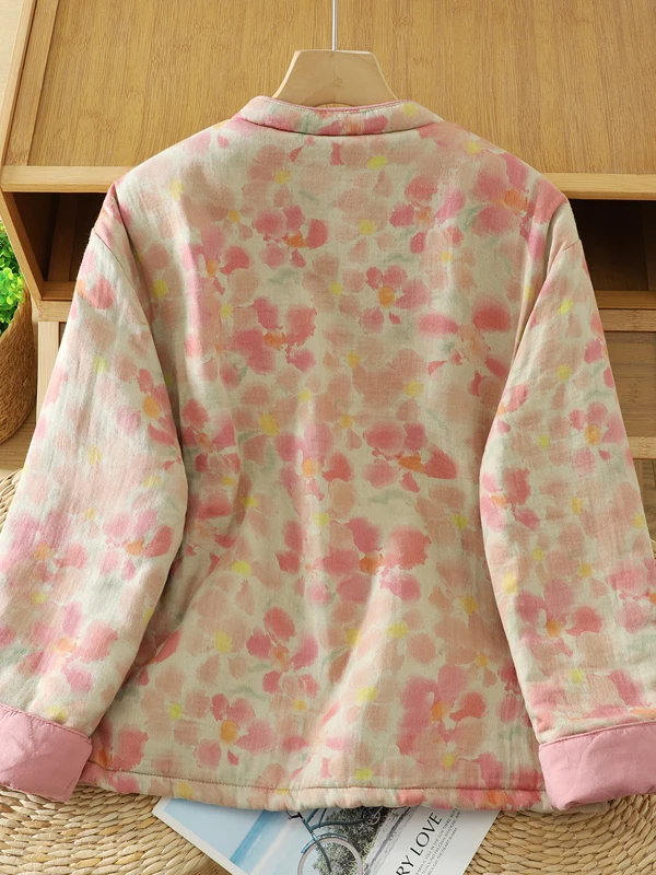 الرجعية الأزهار طباعة Thiened القطن Jaet المرأة شتاء جديد الصينية Sle زر حتى الدافئة القطن معطف مبطّن طويل Sve Sta... #2