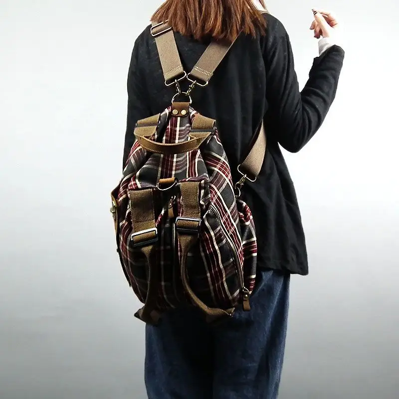 Handheld backpack, women's dual-use crossbody bag, large capacity, red checkered pattern