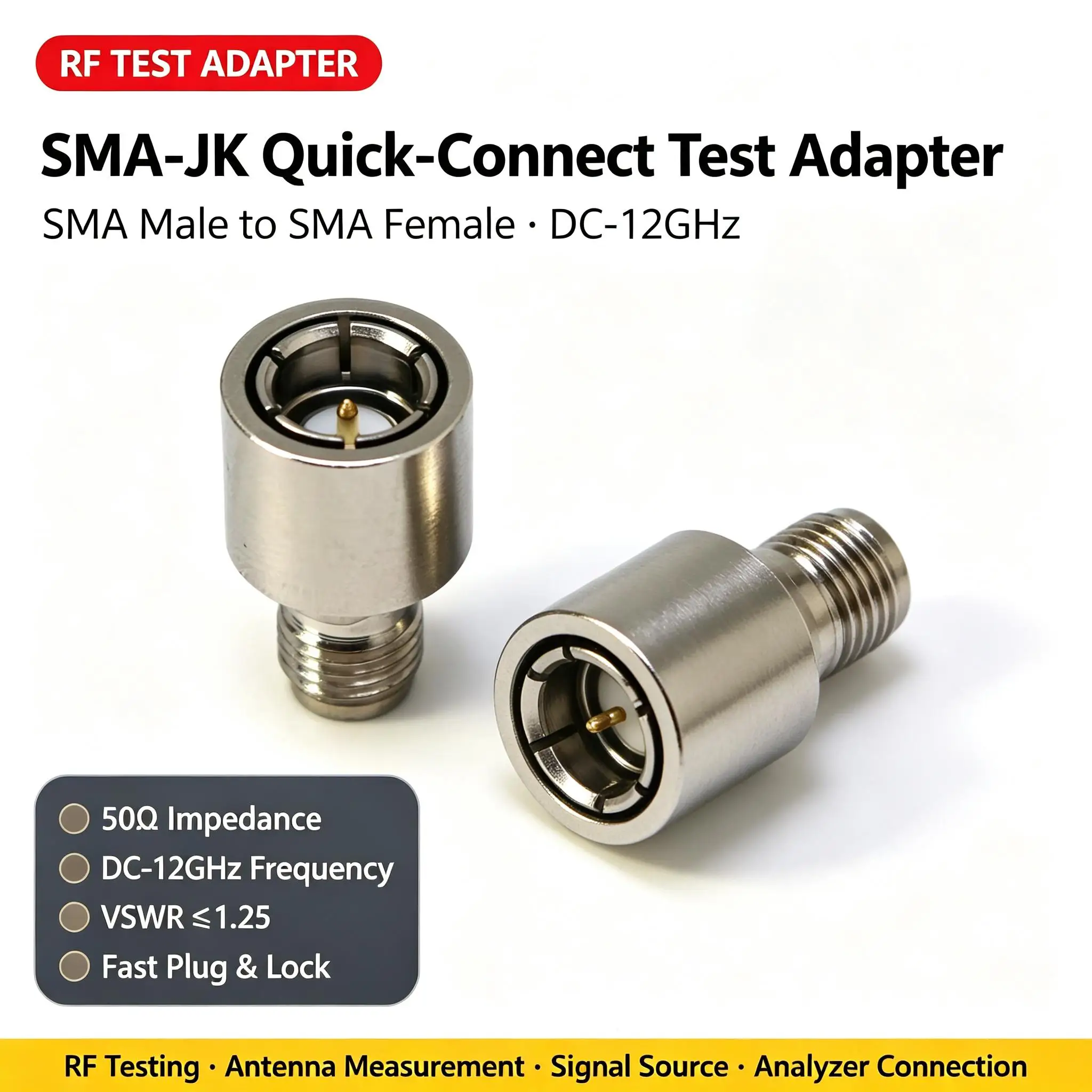 DYKB SMA-JK Durable Quick-Connect Test Adapter SMA Male Female DC-12GHz Fast Plug Lock Low VSWR 50Ohm RF High Frequency Wideband