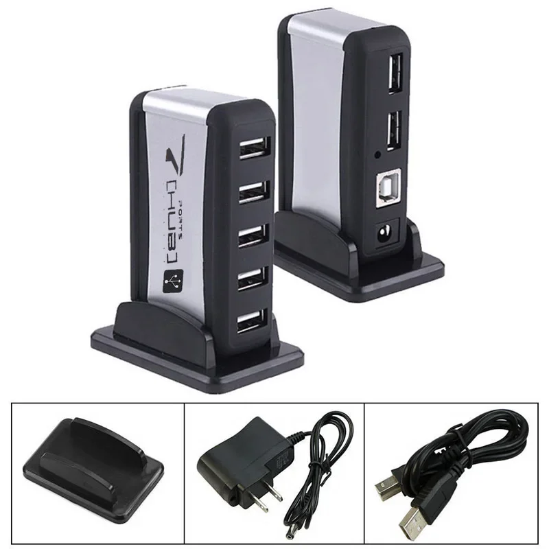 High Speed 7 Port USB 2.0 Hub USB Expansion Splitter Hubs with US/EU Plug AC Power Adapter Cable + Vertical Stand for PC Laptop