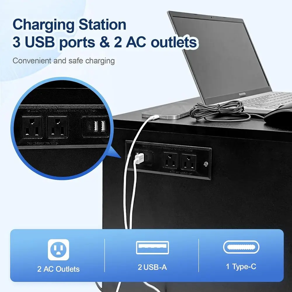 منضدة صديقة للكمبيوتر المحمول مع سطح رفع وعجلات وأضواء LED ومنفذ USB C ومخرج طاقة باللون الأسود