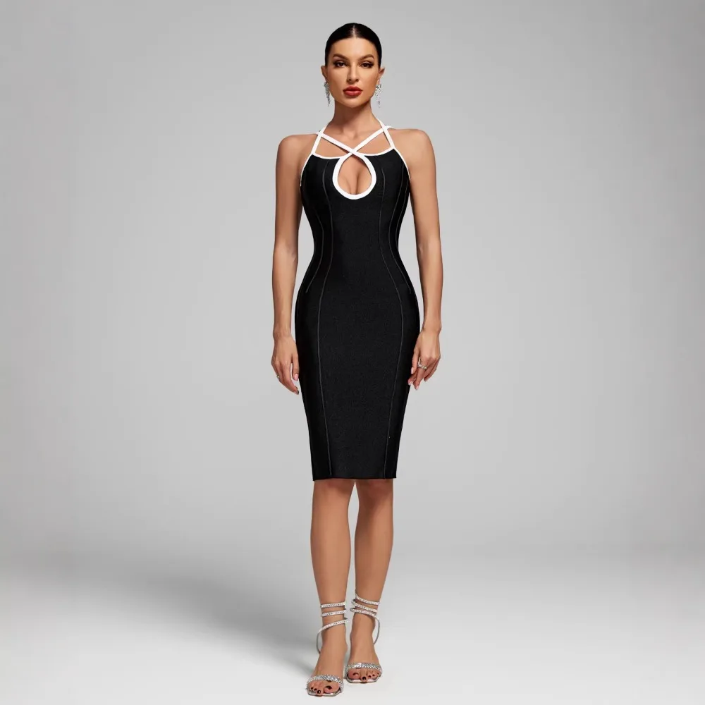 시크한 블랙 화이트 홀터넥 미디 드레스 컷아웃 슬리브리스 백리스 바디콘 가운 칵테일 생일 졸업 파티용
