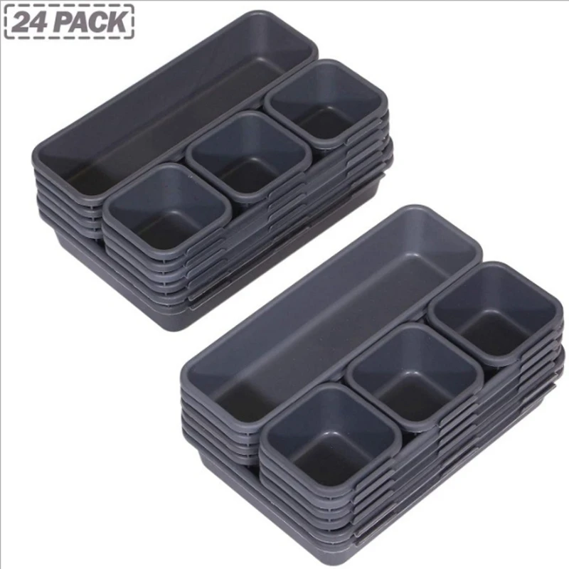 Set of 24 Desk Drawer Organizer Trays with 3-Size Black Plastic Storage Boxes Divider Make-Up Organiser for Office