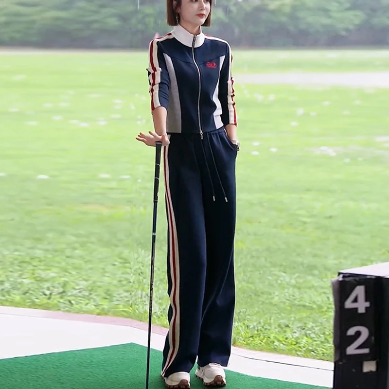 2026 Deep Blue Spring and Autumn New Fashion Style Long Sleeve Jacket Wide Leg Pants Casual Sports Two Piece Set