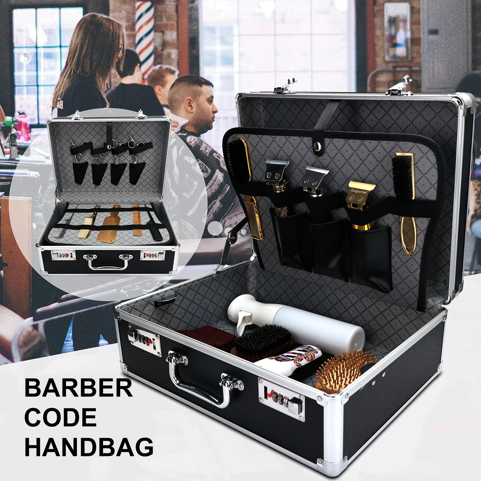 

Aluminum Suitcase Hard Black Barber Tool Salon Hairdressing With Password Atorage Case Carrying Travel Box Accessories Tools