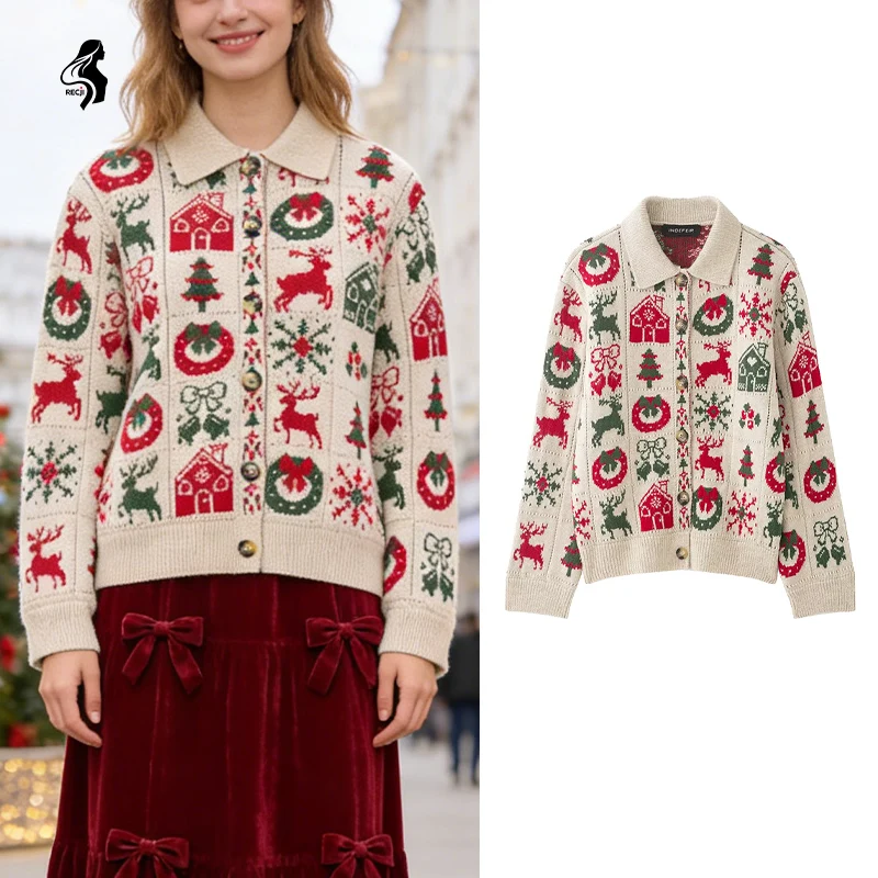 Short Christmas Jacquard Knit Cardigan For Women Polo Collar With Reindeer And Christmas Tree Autumn And Winter Casual Jacket