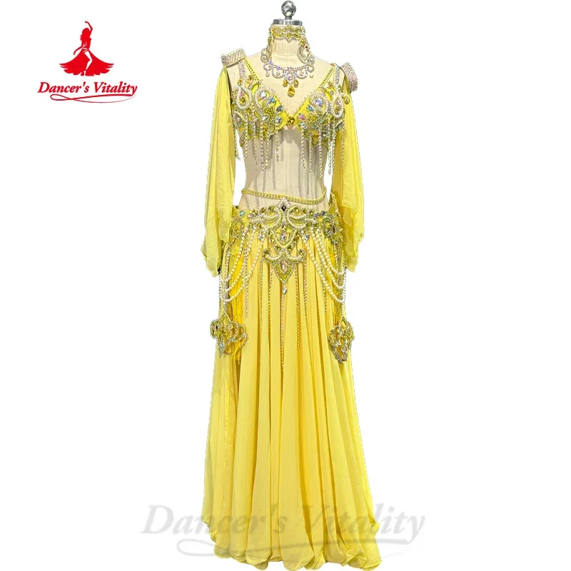 BellyDance Costumes Customized Exquisite Pearl Bra+Diamond Chiffon Long Skirt 2pcs Adult and Children's Competition Clothing