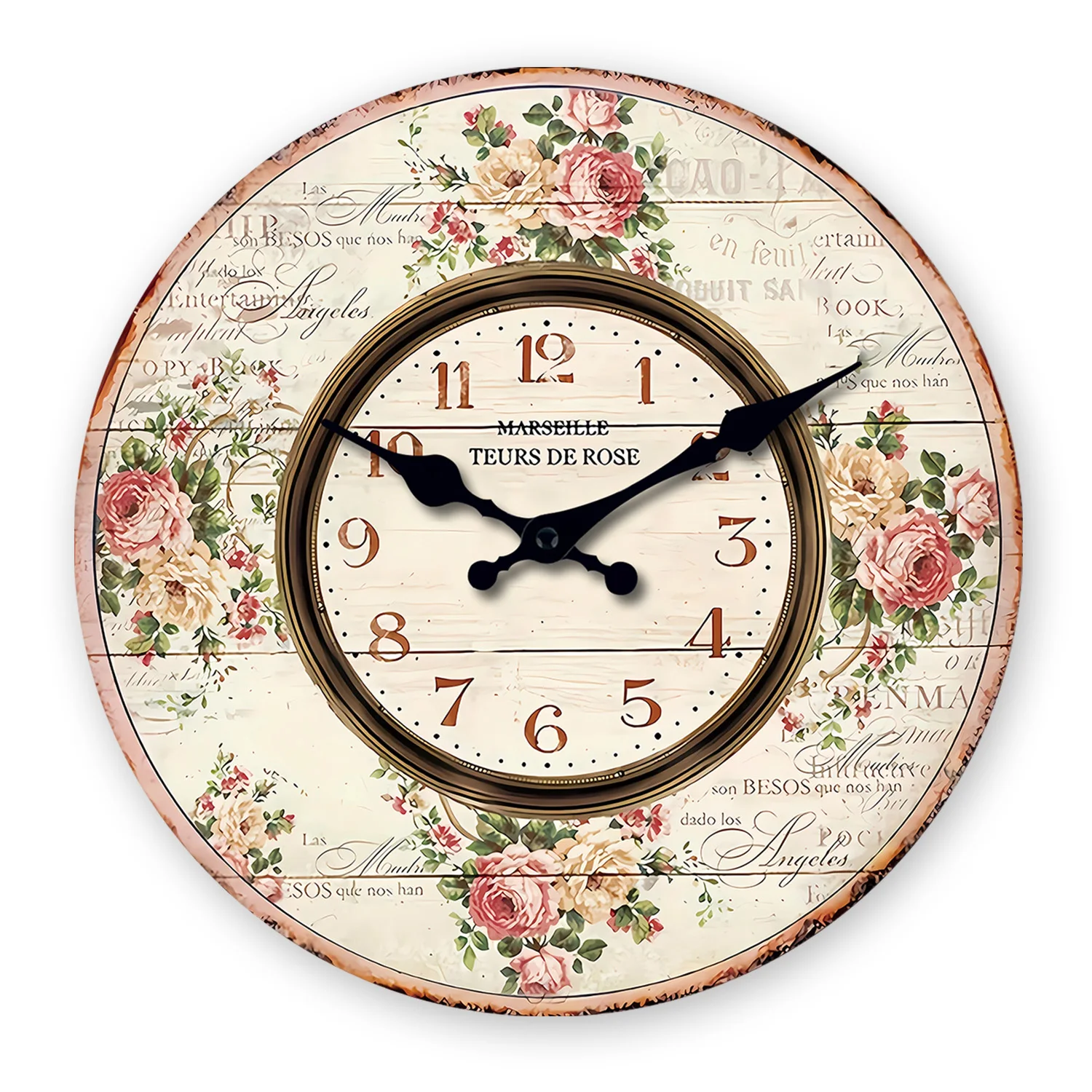 Französische romantische französische Marseille-Rosenstrauß-Muster, Holz-Wanduhr, Wohnzimmer, Schlafzimmer, Küche, Heimdekoration, Wanduhr, stille Quarzuhr, Weihnachtsgeschenk, 10 Zoll, 12 Zoll, 14