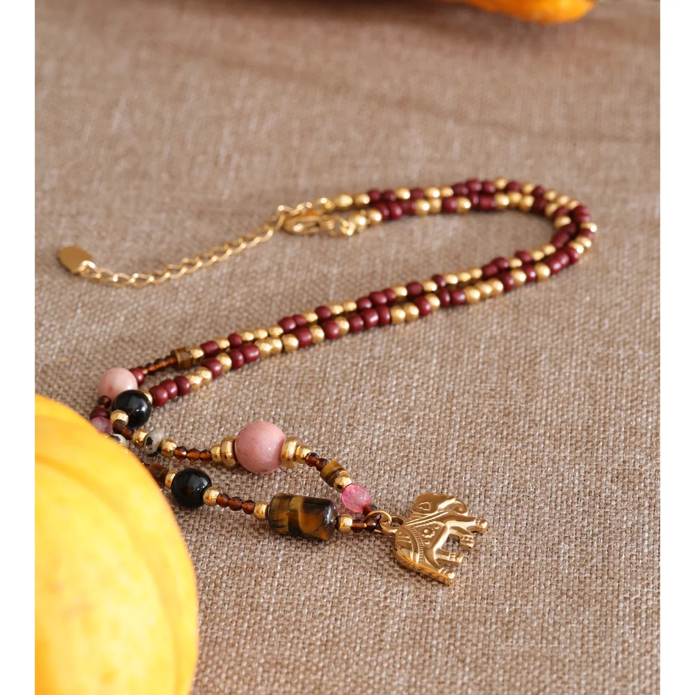 Yhpup High Quality Handmade Jewelry Natural Stone Beads Chain Elephant Pendant Necklace Stainless Steel Waterproof Accessories