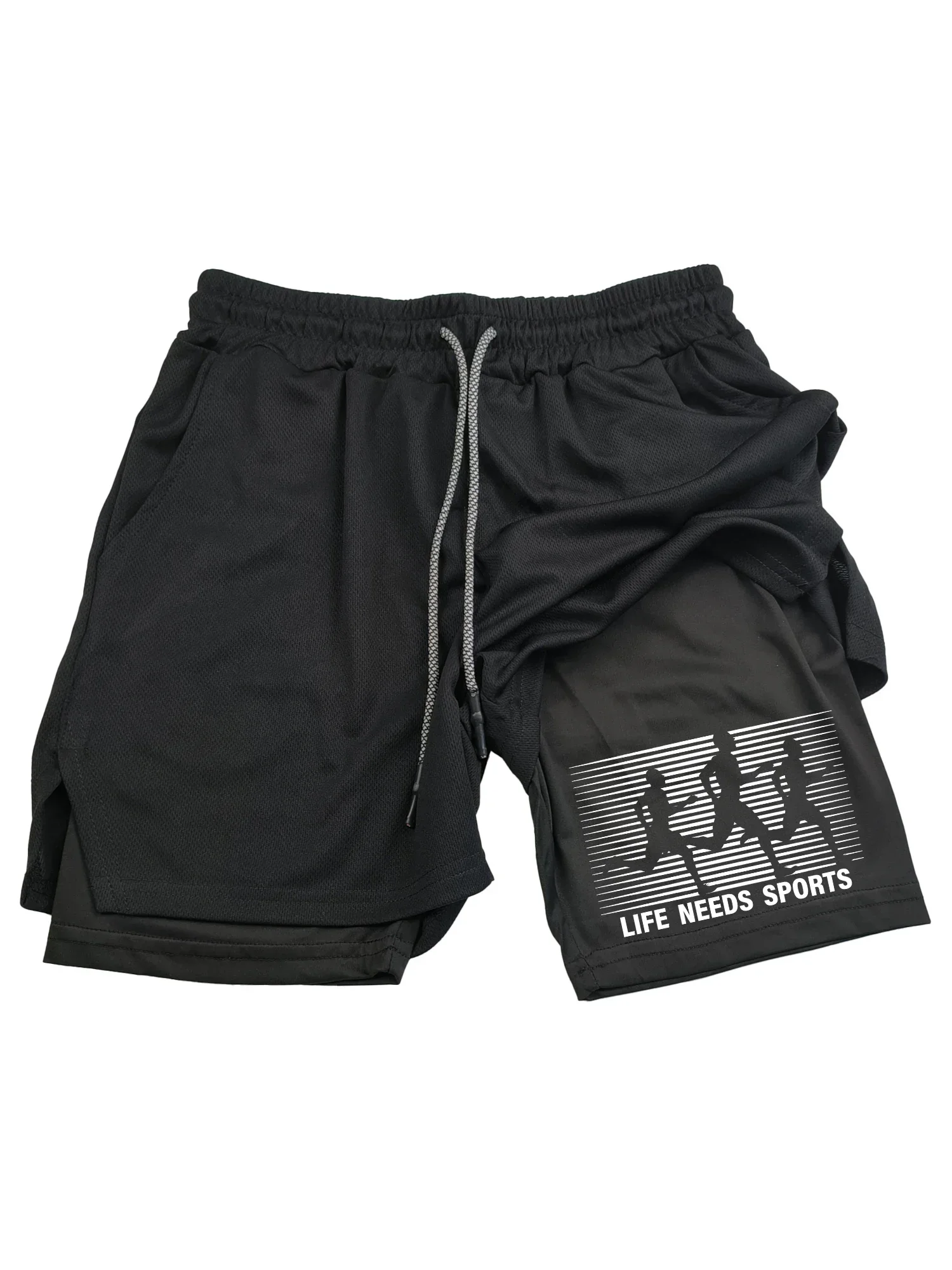 Men's double-layer sports shorts with phone pocket, 2-in-1 shorts with personalized print, breathable and quick drying