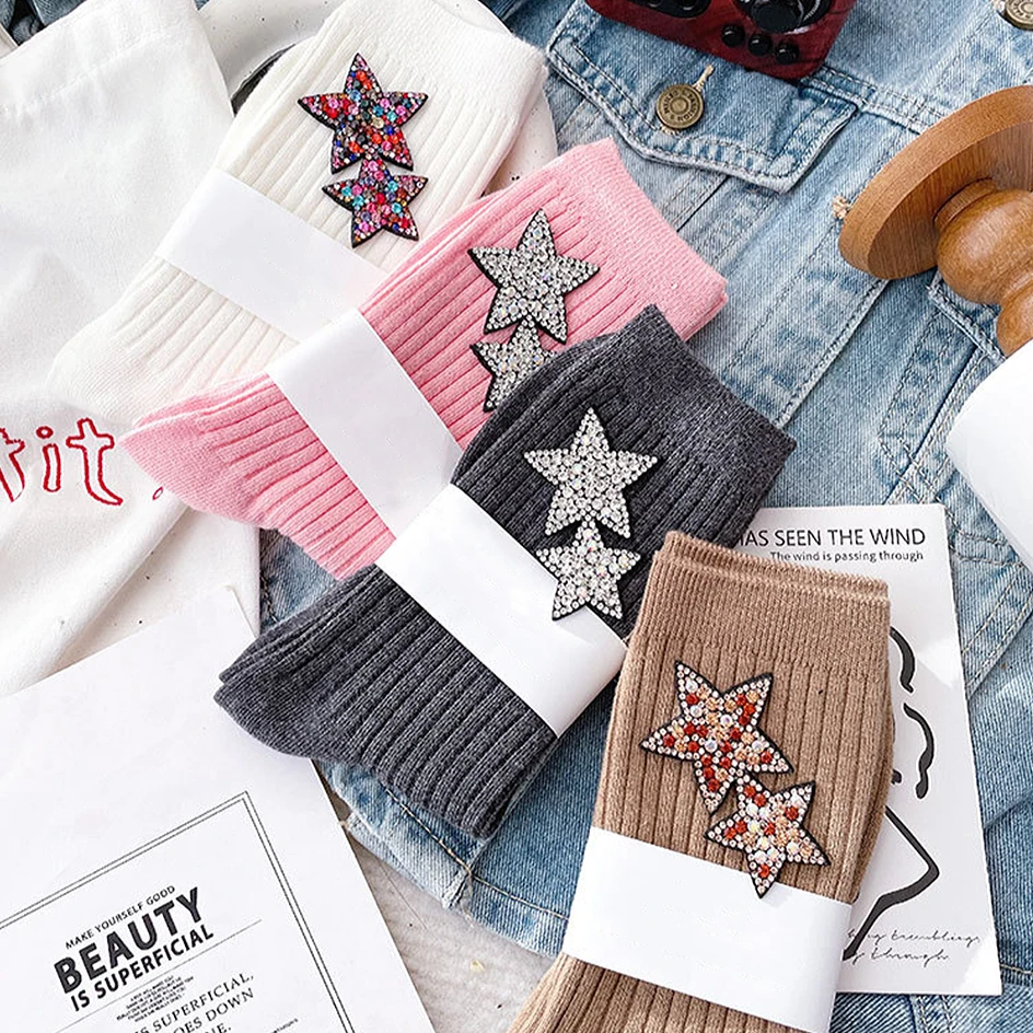 Fashion Star Rhinestone Glitter Socks Women Shiny Diamond Sparkly Socks Winter Cotton Stockings Female Harajuku Christmas Socks