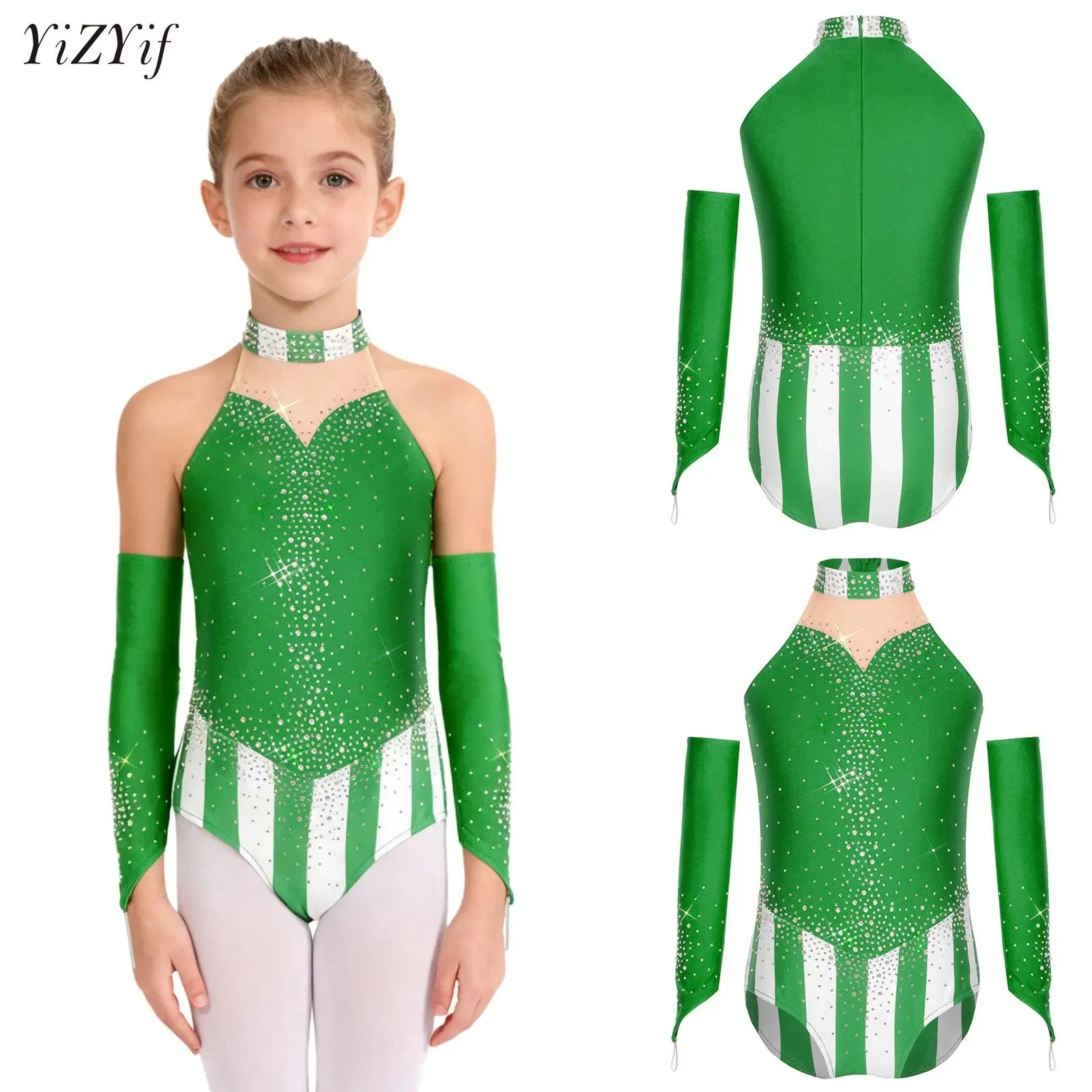 

Girls Gymnastics Jazz Latin Hip Hop Ballet Dance Performance Outfit Sleeveless Sparkling Sequins Striped Leotard with Gloves