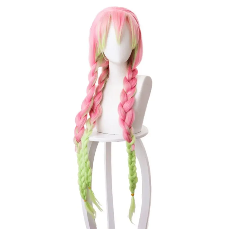 Anime Demon Slayer Kanroji Mitsuri  Kimetsu No Yaiba Women Cosplay Wig Green Pink Colorful Hair Braids Hair