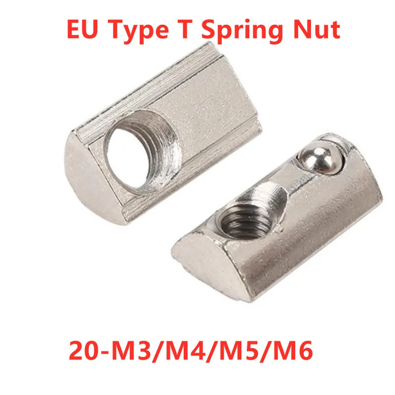 50pcs 20- M3 M4 M5 M6 Roll-in T Spring Nuts Square Block Nut Elasticity Ball Slot nuts for 2020 Aluminum Profile 3D Printer