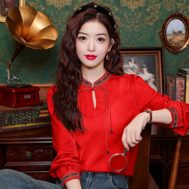 Oriental Aesthetic Women Satin Blouses Red Beige Black Top With Embrodiery Neck Cuff Knot Button Chinese Old Money Style Clothes