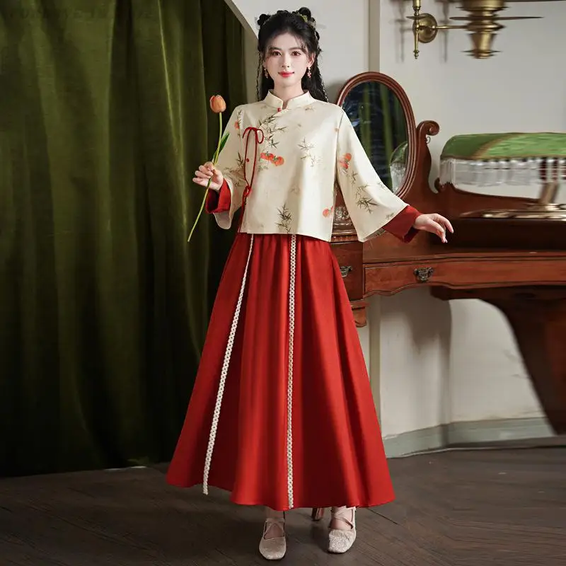 

Chinese Traditional Women Hanfu Set Long Sleeve Stand Up Collar Bamboo Print Top Skirt Tang Suit Spring Summer Vintage Outfit