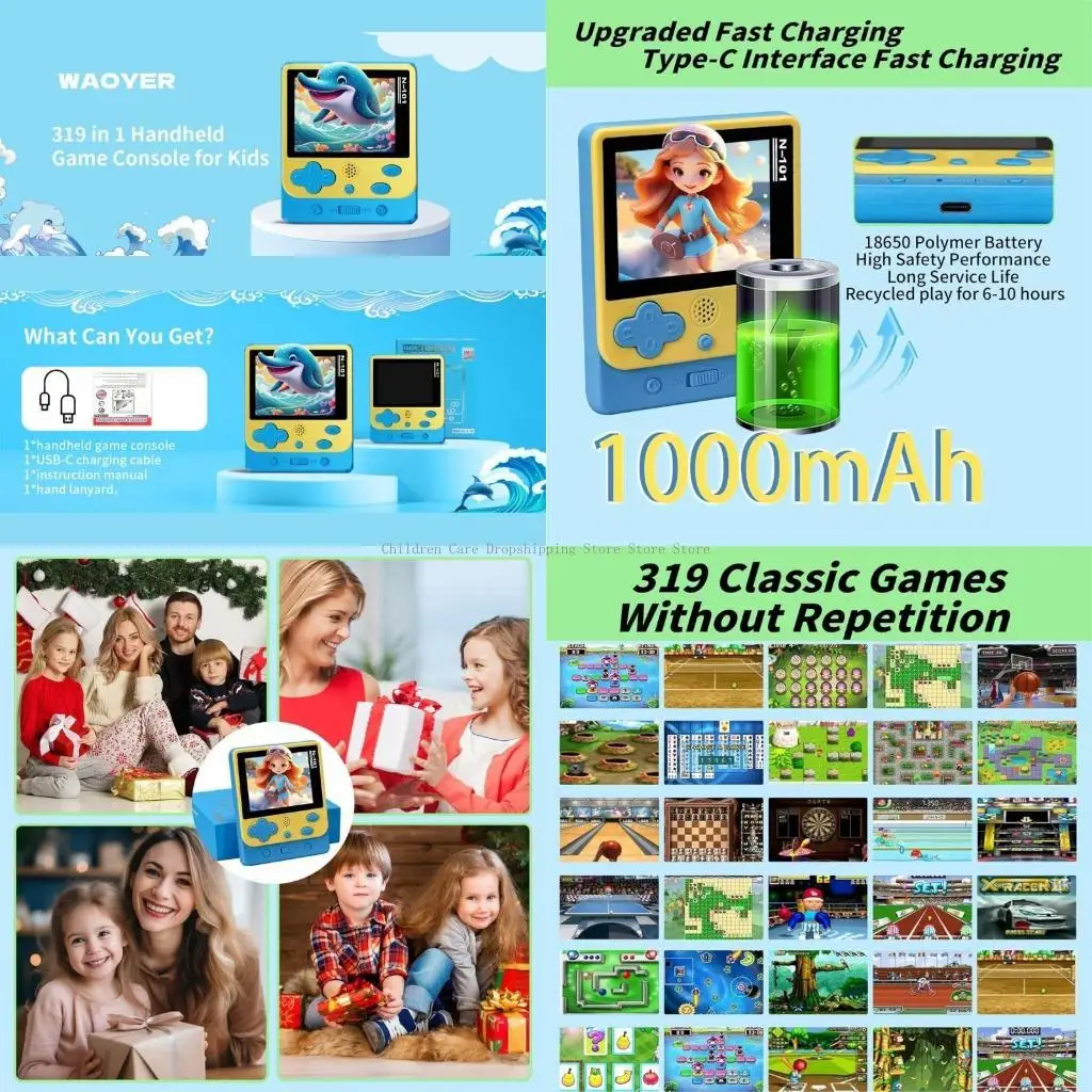 คอนโซลวิดีโอเกมมือถือสำหรับเด็ก 319 เกมที่โหลดไว้ล่วงหน้า การออกแบบที่ทนทาน เหมาะสำหรับการเดินทางและกิจกรรมสันทนาการ