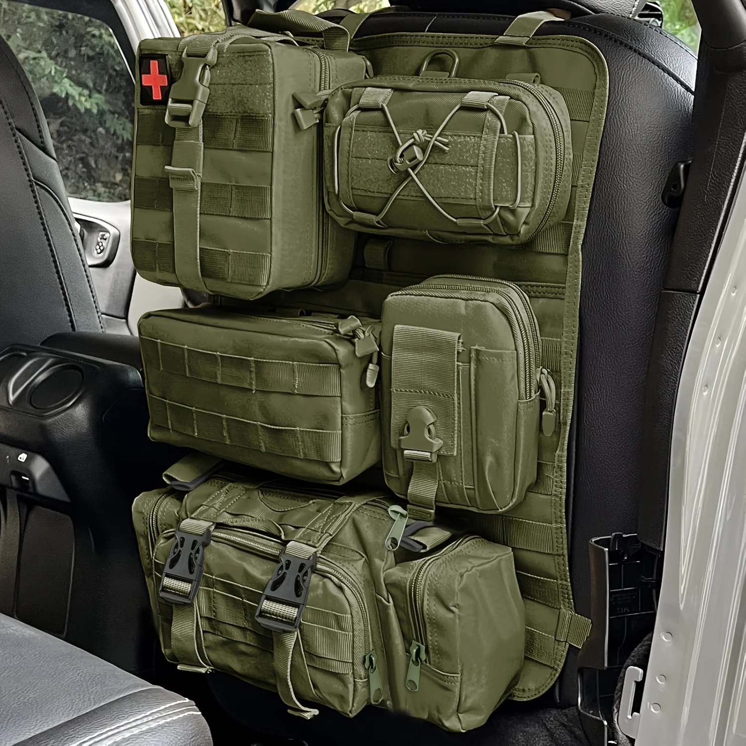 

Tactical Car Seat Back Organizer, Upgrade Vehicle Panel with 5 Detachable Molle Pouches，Car Seat Organize