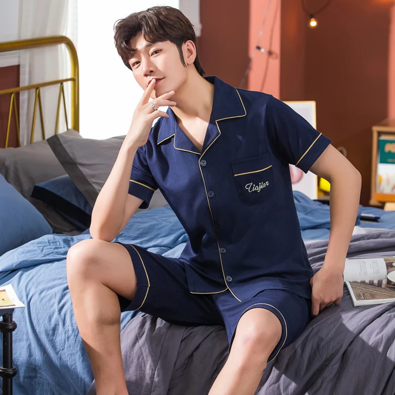 

2024 Summer Plus Size 5XL Short Sleeve Cotton Pajama Sets for Men Korean Loose Sleepwear Suit Pyjama Male Homewear Home Clothes