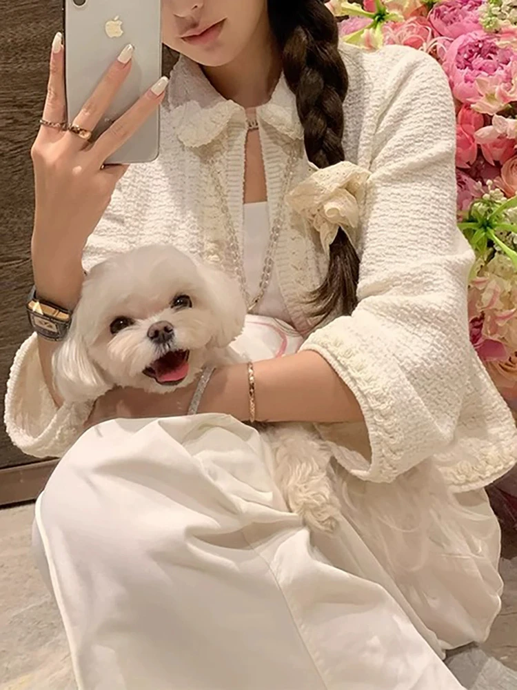 

Handmade Doll Collar Short Jacket with Skirt Set Women's Spring Collection Curved Hem Tie Belt Anti-Aging Milkiness Outfit