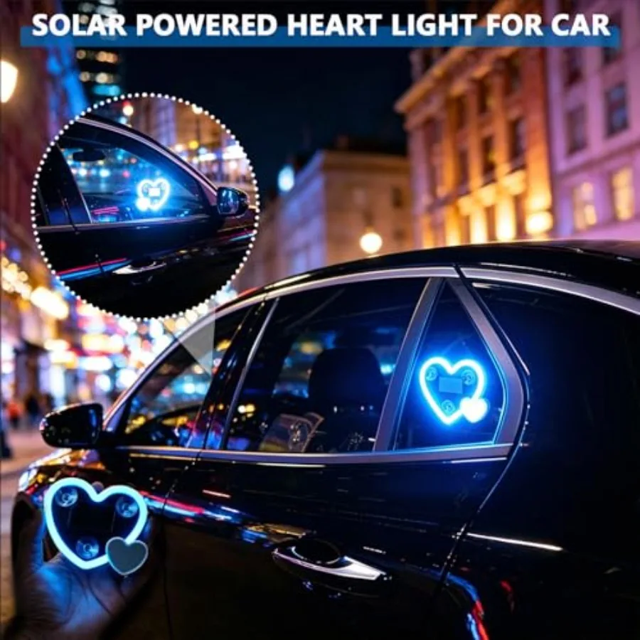 2PCS Solar Powered Heart Car Lights, Wireless LED Ambient Neon Light with Vibration Sensor, 6 Lighting Modes, USB-C Rechargeabl