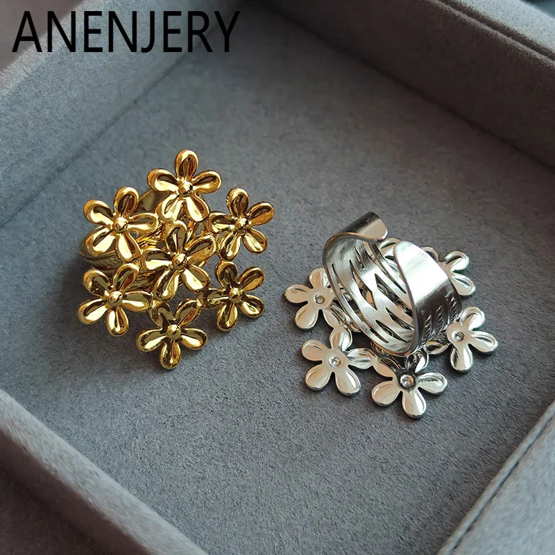 ANENJERY 316L Stainless Steel Multiple Flowers Open Ring for Women Men Delicate Elegant Luxury Design Jewelry Gifts Wholesale