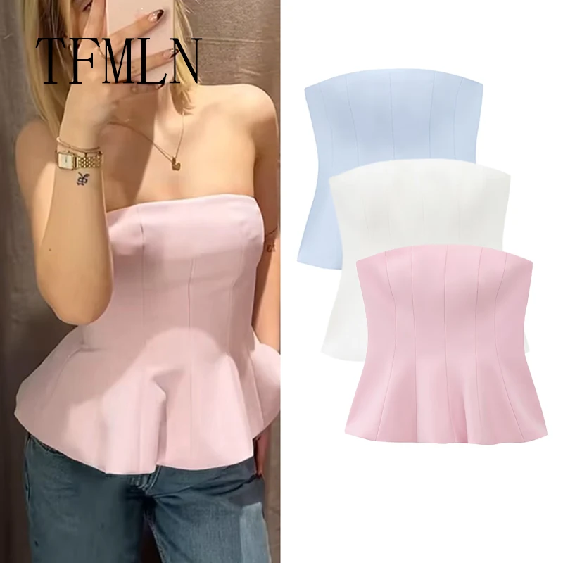 

TFMLN новый летний женский топ без бретелек 2025 женский повседневный сексуальный облегающий однотонный короткий топ на боковой молнии