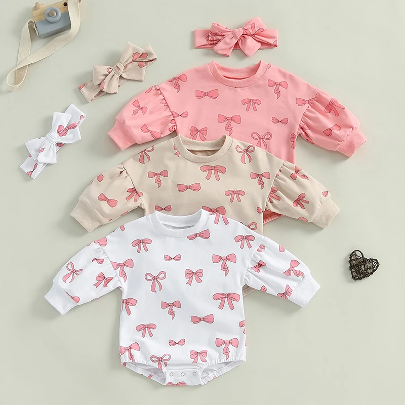 2024-09-04 Lioraitiin Baby Girl Spring Outfit Bow Print Crew Neck Long Sleeve Sweatshirt Romper Tie-up Headband 2 Pcs Set