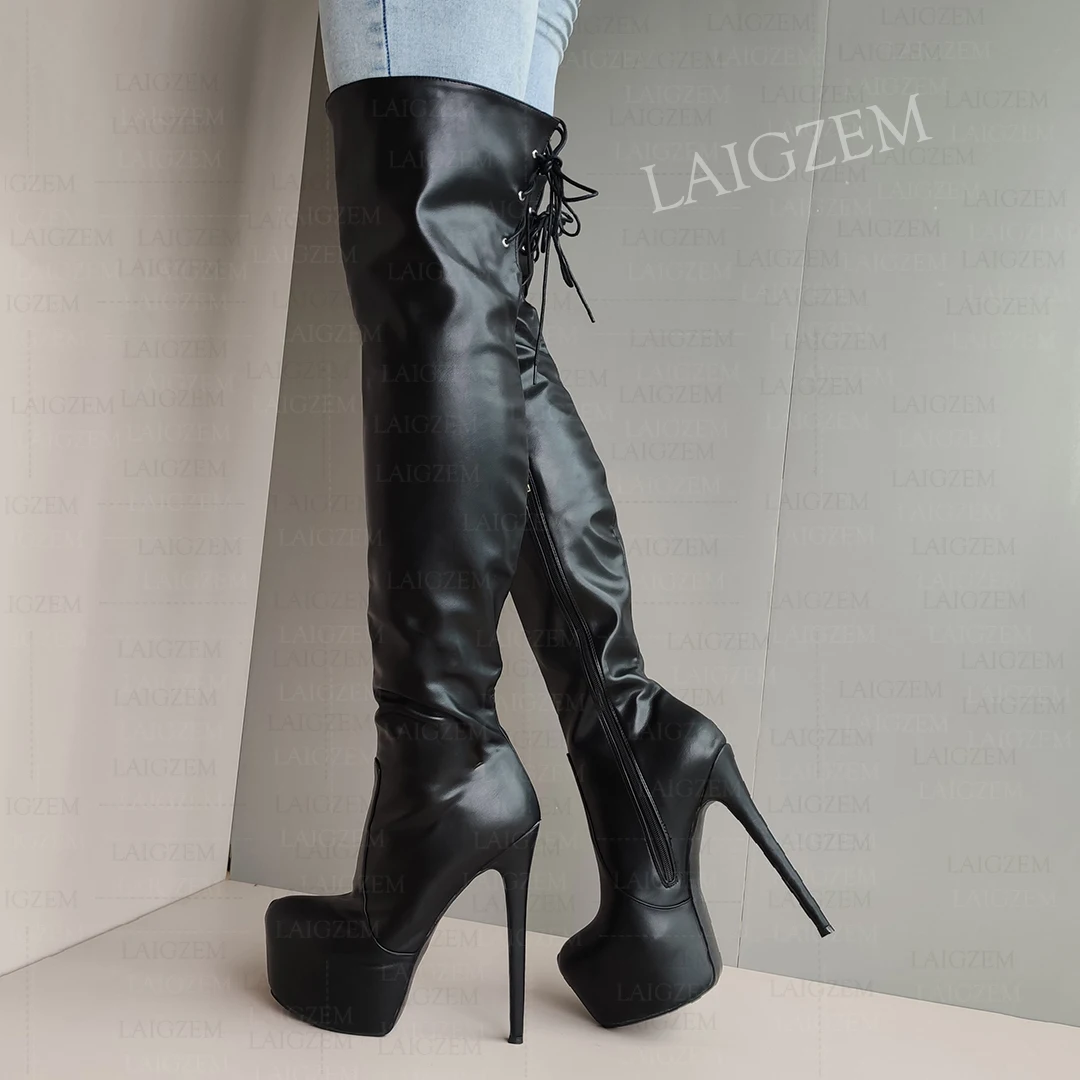 ZHIMA Women Over Knee Boots Platform Thin High Heels Side Zipper Round Toe Thigh High Boots Shoes Woman Large Size 43 47 50 52