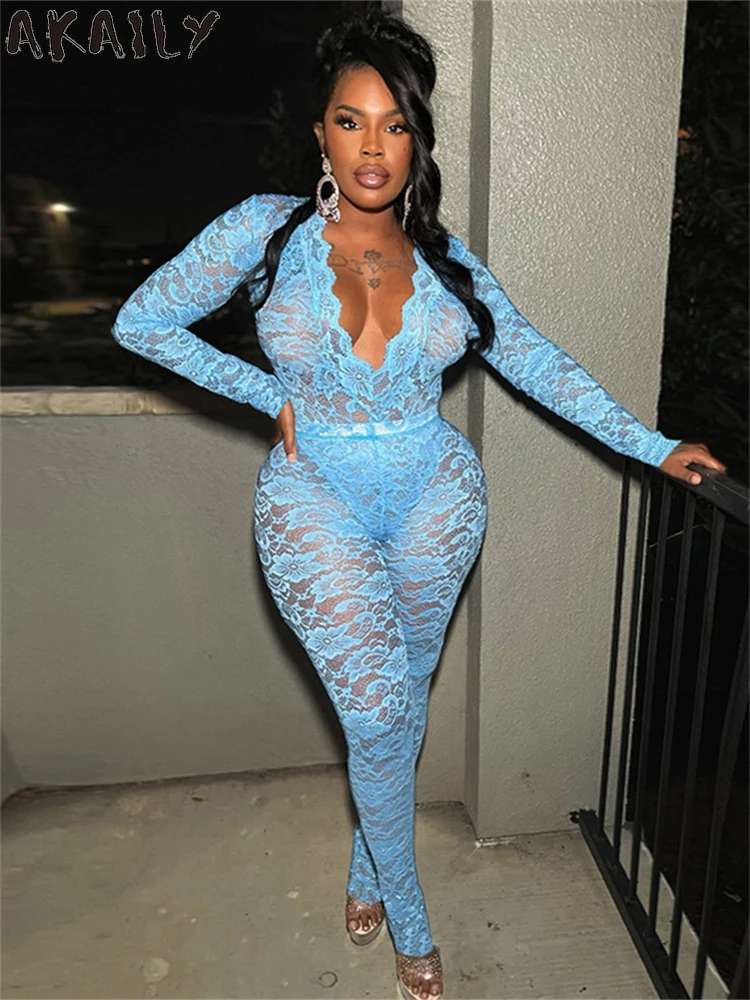 Akaily Winter Blue Women's Sexy Lace 2 Piece Pants Set Midnight Club Outfits 2024 V-Neck See Through Bodysuit+Matching Leggings