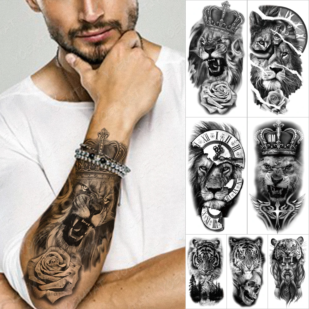 Lion Black Temporary Tattoos For Men Sticker Rose Crown Tiger Wolf Forest Tatu Arm Waist Women Body Art Glitter Fake Tato Kids
