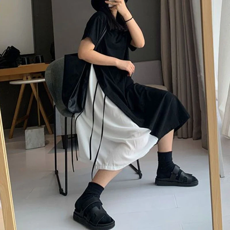 Vestido falso de retalhas de duas peças, gola redonda, manga curta, assimétrico, bandagem, saia linha A, cor de contraste, moda elegante, verão