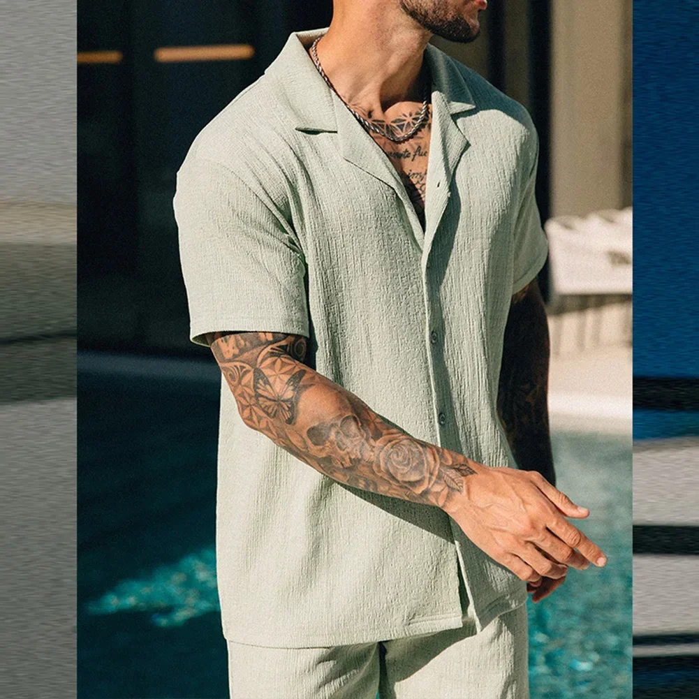 Mens Set Solid Color Streetwear Beach Style Suits Button Shirts & Shorts Casual For Summer Polyester Short Sleeve