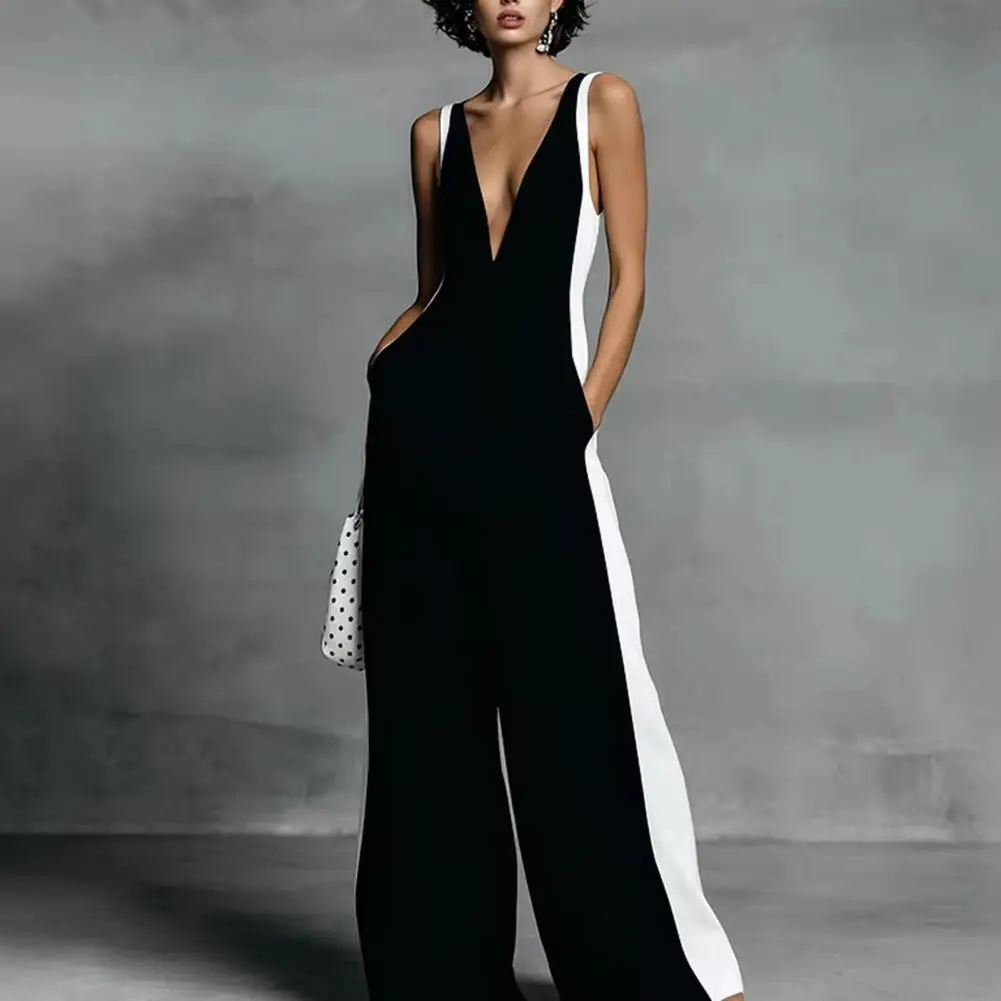 

Summer Women Sleeveless Jumpsuit Colorblock Deep V Neck One Piece Outfits Casual Wide Leg Long Pants Romper with Pockets