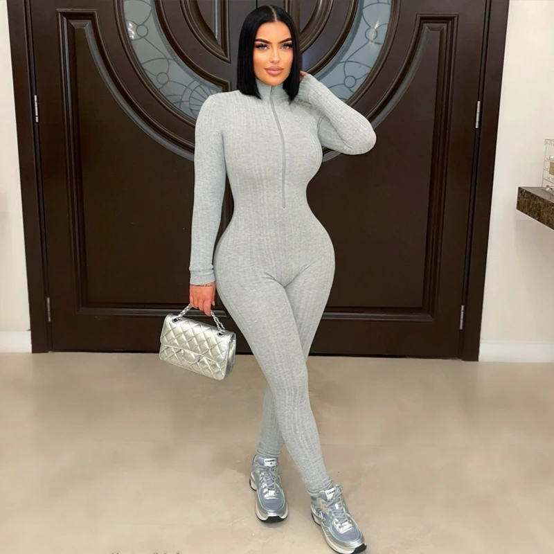 

Stylish Lady Vintage Zipper Knitted Jumpsuits 2025 Autumn Women Long Sleeve Stand Neck Bodycon Sexy Club Party Sporty Overalls